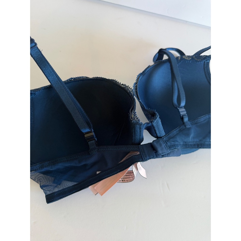 Victorias Secret Navy Blue Gold Metallic Floral Lace Push-Up Bra 34C 165380-QB5 - Picture 6 of 7